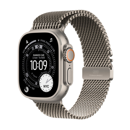 Apple Watch Ultra 3 GPS + Cellular 49mm Natural Titanium case with Natural Titanium Milanese Loop M front angled view
