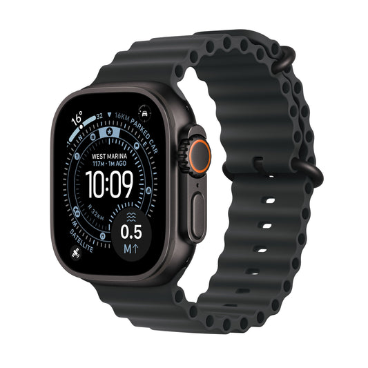 Apple Watch Ultra 3 GPS + Cellular 49mm Black Titanium case with Black Ocean Band front angled view