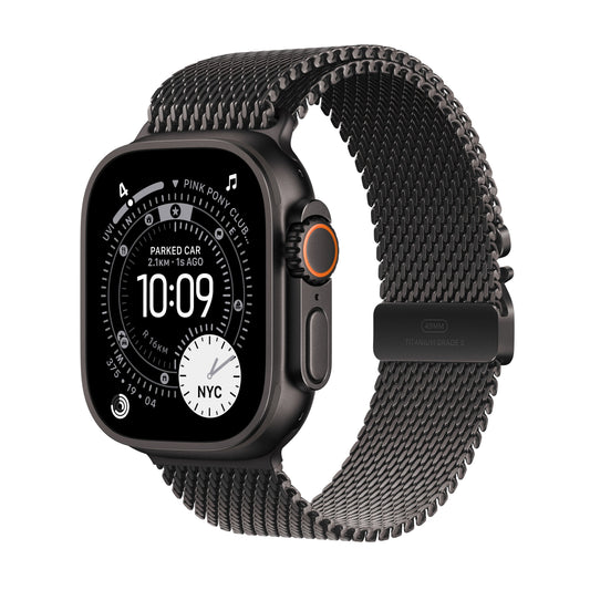 Apple Watch Ultra 3 GPS + Cellular 49mm Black Titanium case with Black Titanium Milanese Loop M front angled view