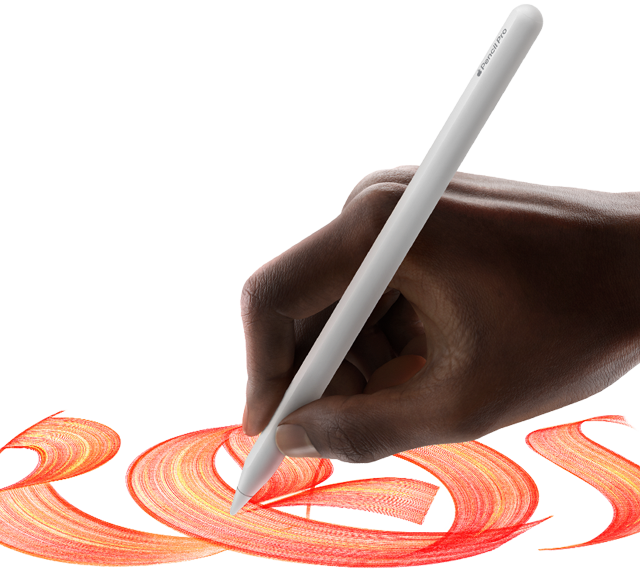 Apple Pencil Pro is used to create a colourful, swirly script held by a user's hand