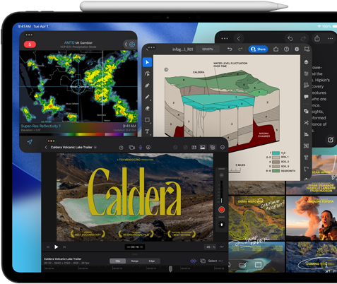 iPad Pro, face avant, orientation paysage, noir sidéral, Apple Pencil posé sur l’appareil, écran affichant plusieurs fenêtres d’apps en mosaïque, dont Final Cut Pro avec plusieurs fonctionnalités de montage vidéo et une timeline, Plans, Notes et différents plans multimédias