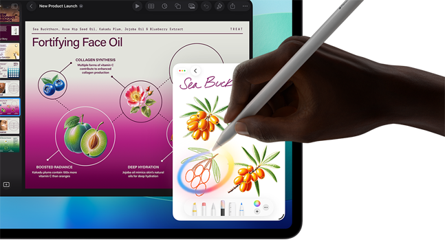 iPad Pro, écran face avant avec fond dégradé bleu foncé et vert et plusieurs apps ouvertes, main tenant un Apple Pencil Pro encerclant un croquis et illustrant la fonctionnalité baguette graphique d’Apple Intelligence