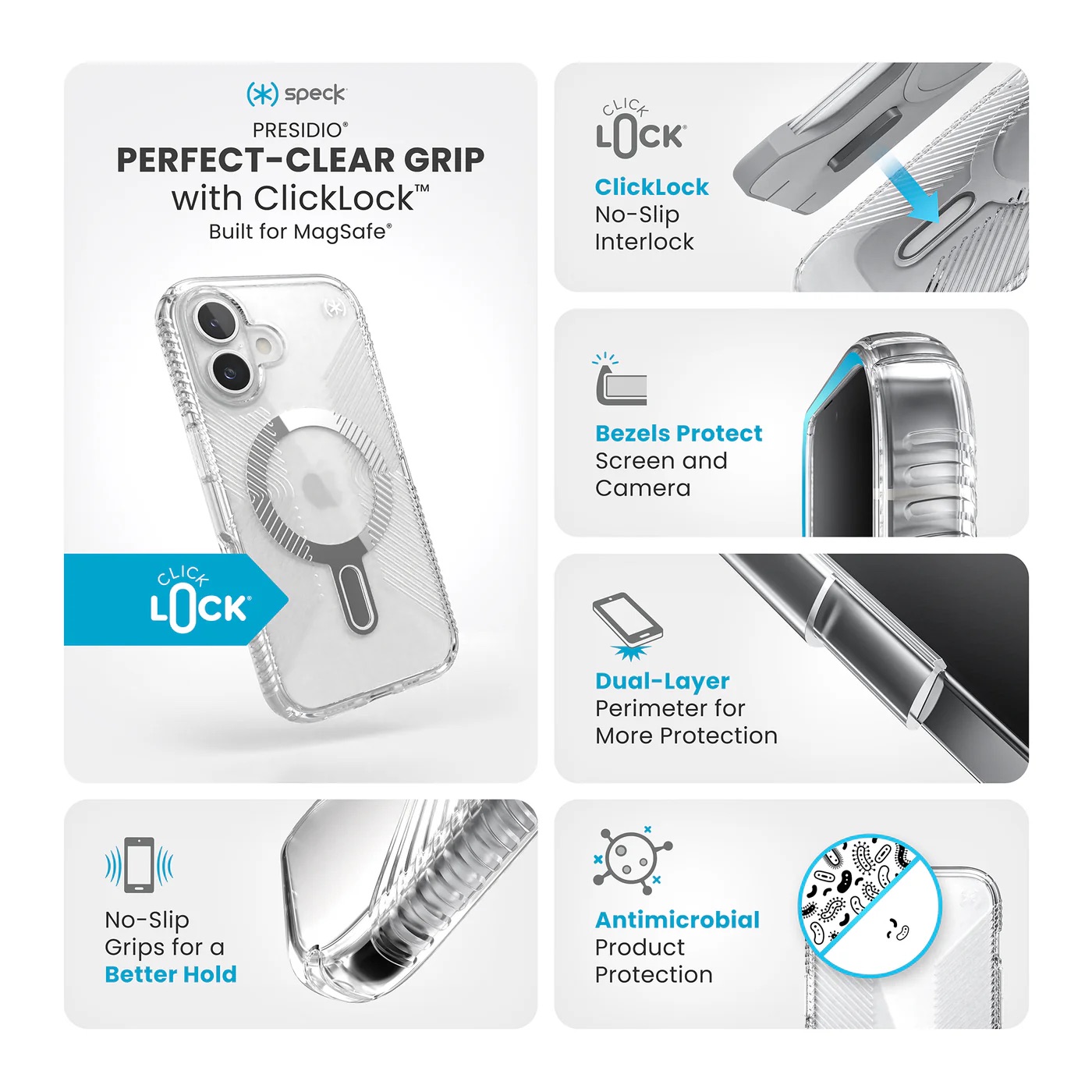 Speck Case with ClickLock/MagSafe for iPhone 16 - Grip Clear