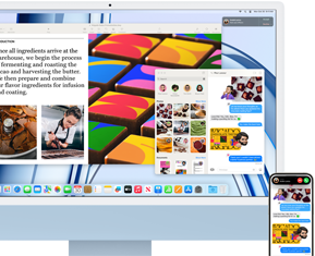 iMac next to an iPhone, showing the Continuity feature by sharing a text conversation and photos between iPhone and iMac.