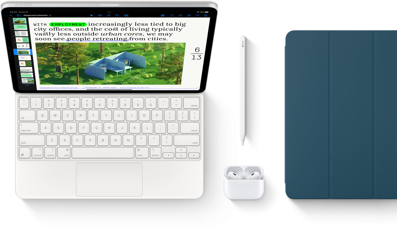 Smart Keyboard Folio, Apple Pencil, AirPods Pro and iPad Cover in Marine Blue.