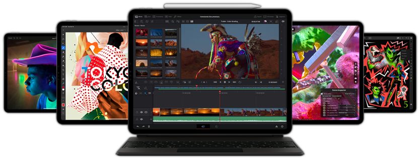 Front view of iPad Pro with Smart Keyboard Folio and Apple Pencil attached displaying Resolve for iPad app along with other iPad devices behind it.