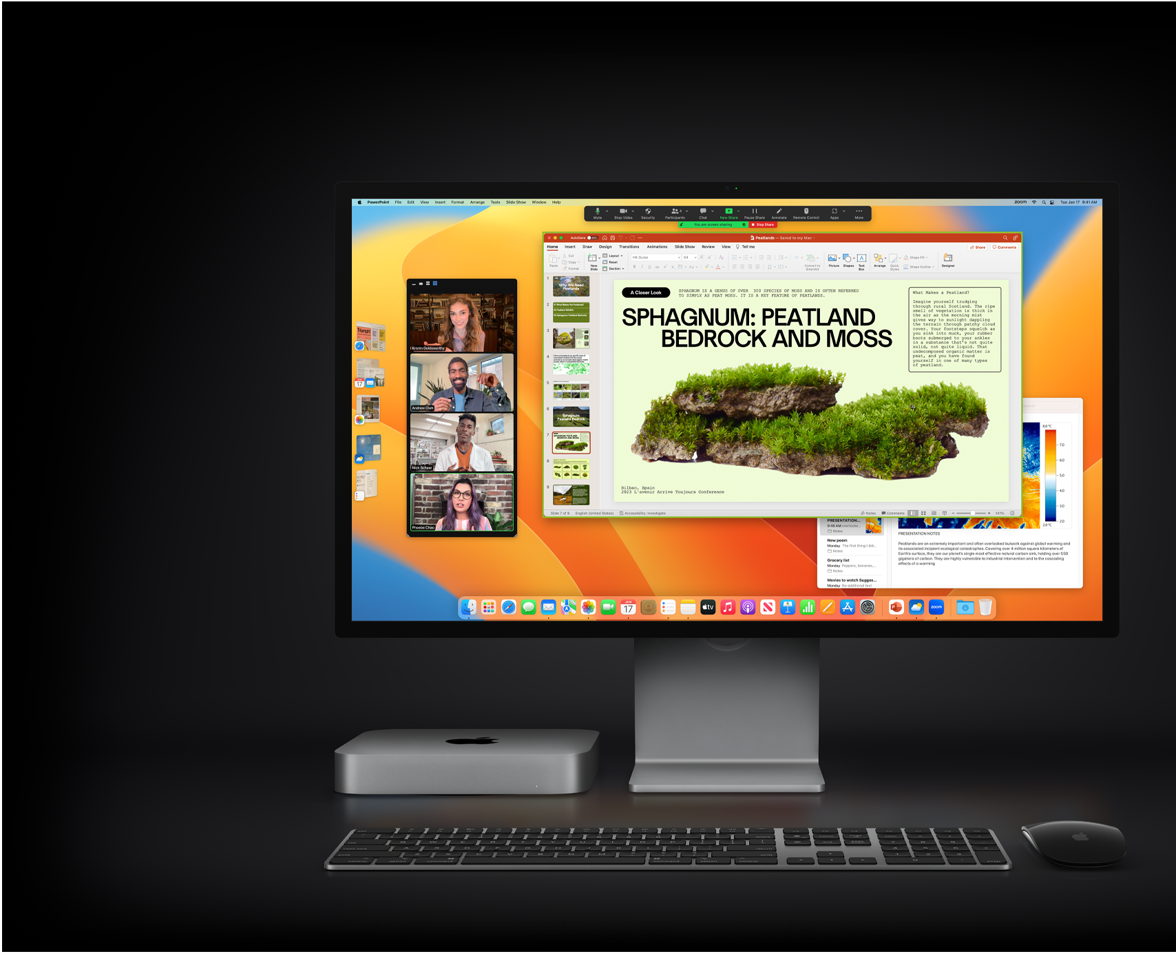 Mac mini with Magic Mouse, Magic Keyboard and Studio Display showing a Microsoft PowerPoint presentation being shared in a Zoom meeting, with the Notes app in the background.