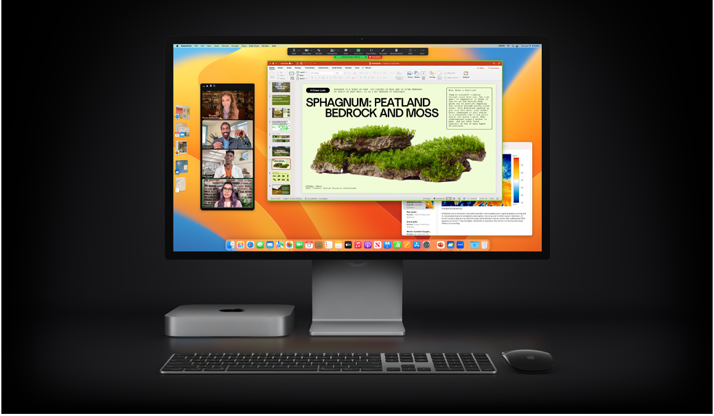 Mac mini with Magic Mouse, Magic Keyboard and Studio Display showing a Microsoft PowerPoint presentation being shared in a Zoom meeting, with the Notes app in the background.