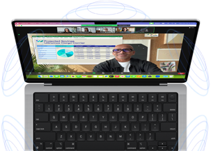 MacBook Pro surrounded by illustrations of blue circles to suggest the 3D feeling of Spatial Audio — Onscreen, a person uses the Presenter Overlay feature in a Zoom video meeting to appear in front of the content they are presenting