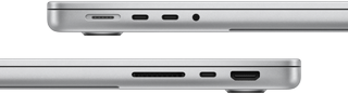 Side view of 14-inch MacBook Pro with M3 Pro chip showing ports: left side, MagSafe port, two Thunderbolt 4 ports, and headphone jack, right side, SDXC card slot, one Thunderbolt 4 port, and HDMI port
