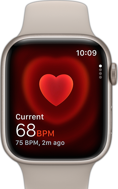 A front view of the Apple Watch showing someones heart rate.