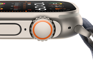 Apple Watch Ultra 2 showing rugged titanium case, flat display, digital crown and side button