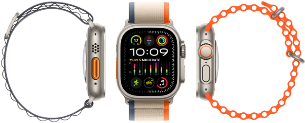Apple Watch Ultra 2 showing compatibility with three different band types, large display, rugged titanium case, orange action button and digital crown