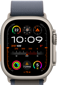 Apple Watch Ultra 2 shown attached to blue Alpine Loop, displaying watch face with complications including GPS, temperature, compass, altitude and fitness metrics