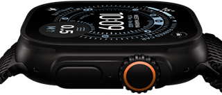 Apple Watch Ultra 3, side exterior, black titanium case, compass on Orienteering watch face, Action button and digital crown