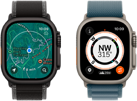 Two Apple Watch Ultra 3 devices, one showing maps and the other showing Backtrack features including compass, elevation and marked waypoints