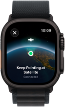 Apple Watch Ultra 3, black colour, titanium case, "Keep Pointing at Satellite" over Earth with a location on screen, strap, Alpine Loop
