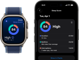 Apple Watch Ultra 3, titanium natural case, sleep score screen, breakdown in circle graph, score in centre, strap, blue Trail Loop