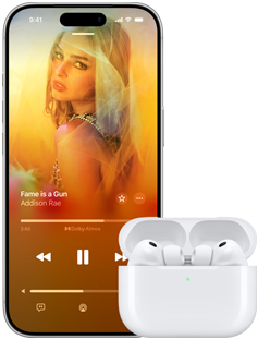 AirPods Pro 3 in MagSafe Charging Case, iPhone 17 Pro, Apple Music plays Everybody Laughs by David Byrne and Ghost Train Orchestra