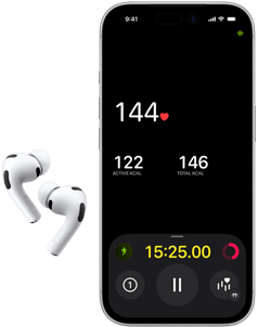 AirPods Pro 3, lower half of iPhone 17 Pro screen, Fitness app displaying heart rate