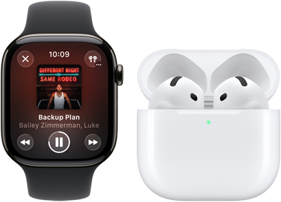 Apple Watch Series 11, titanium slate case, band: black sport band, Apple Music app open, paired with AirPods 4