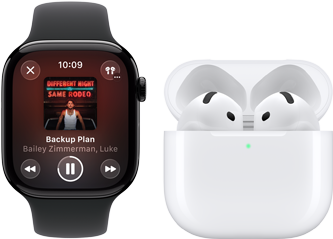 Apple Watch Series 11, titanium slate case, band: black sport band, Apple Music app open, paired with AirPods 4