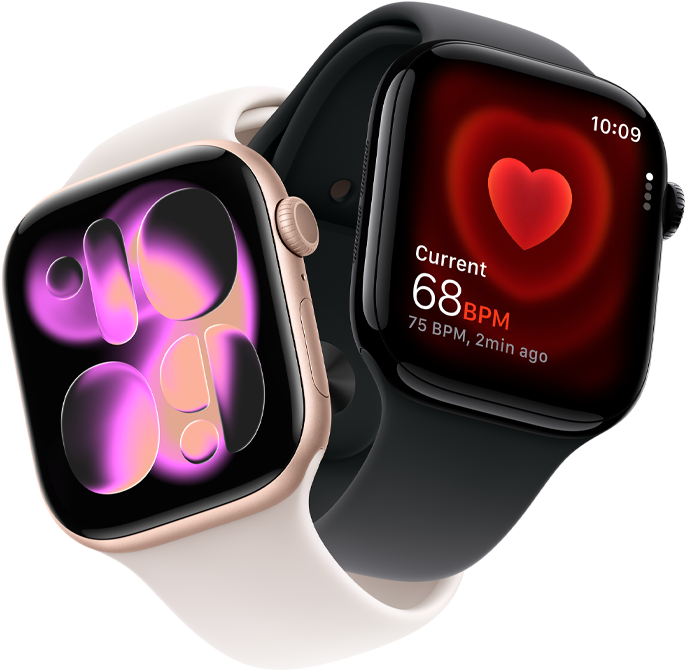 Apple Watch Series 11, aluminum rose gold, Responsive Art watch face, right side exterior: Digital Crown, microphone, side button, light blush Sport Band, Apple Watch Series 11, aluminum jet black, Heart Rate app, current beats per minute, right side exterior: Digital Crown, black Sport Band