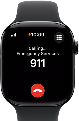 Apple Watch Series 11, aluminum jet black case, emergency call to 911 on screen, right side exterior: Digital Crown, black Sport Band