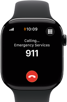 Apple Watch Series 11, aluminum jet black case, emergency call to 911 on screen, right side exterior: Digital Crown, black Sport Band