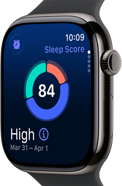 Up close Apple Watch Series 11 with a titanium slate case, showing sleep score on screen