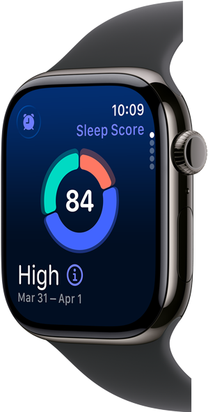 Up close Apple Watch Series 11 with a titanium slate case, showing sleep score on screen