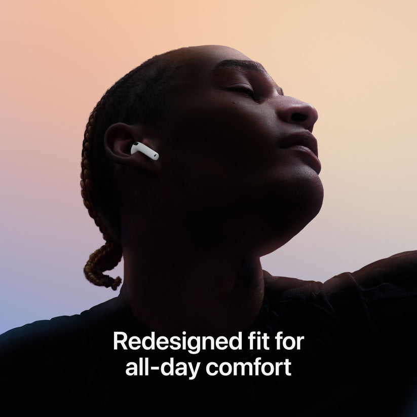 Person wearing AirPods 4 highlighting redesigned all-day comfort fit