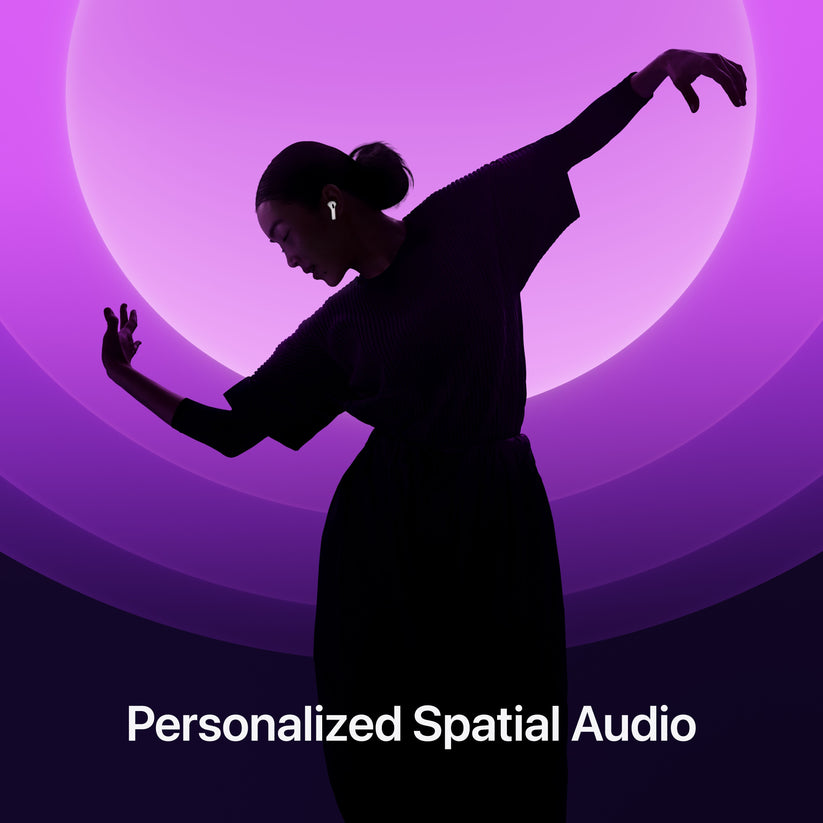 Person wearing AirPods 4 demonstrating Personalized Spatial Audio feature