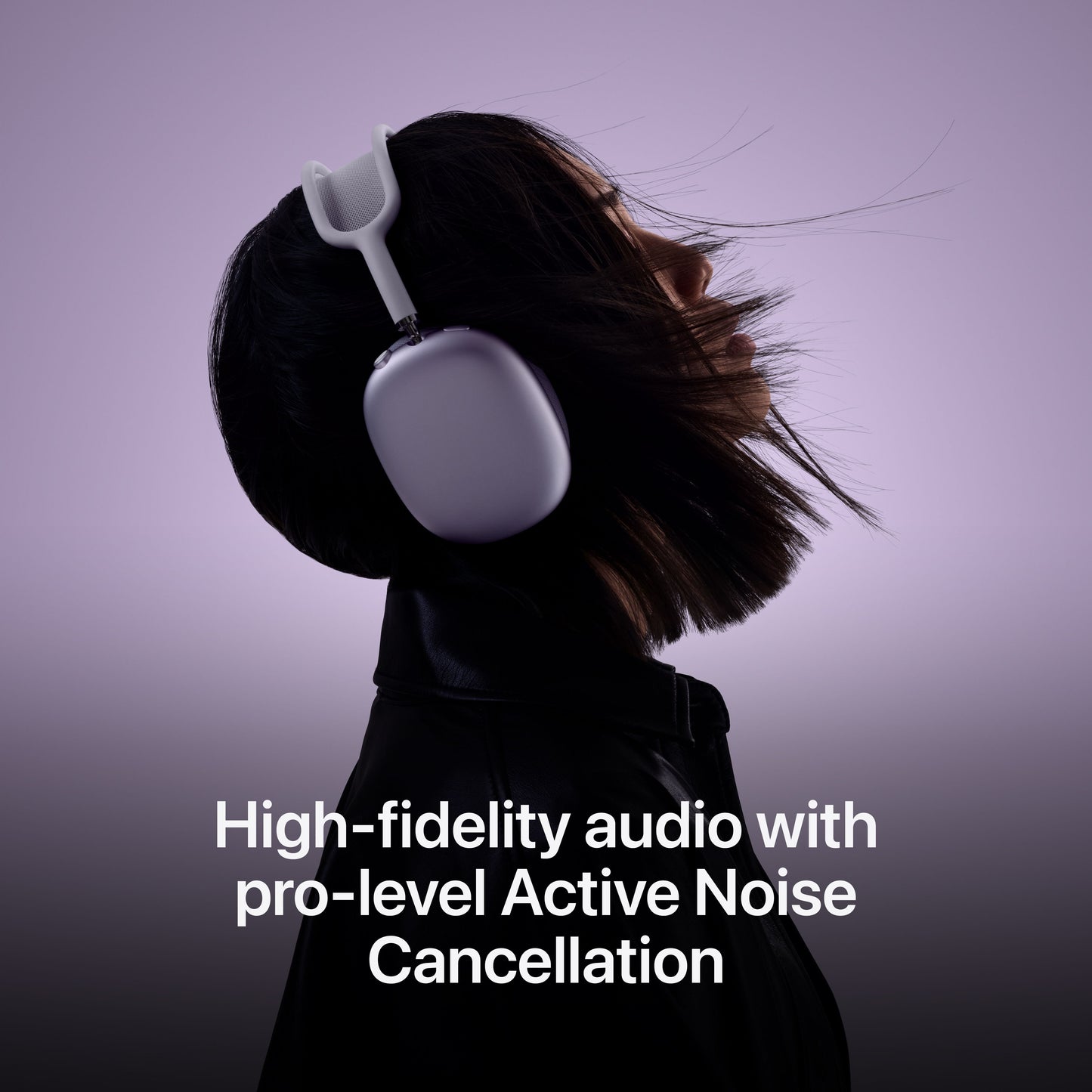 Person wearing AirPods Max highlighting high-fidelity audio and Active Noise Cancellation