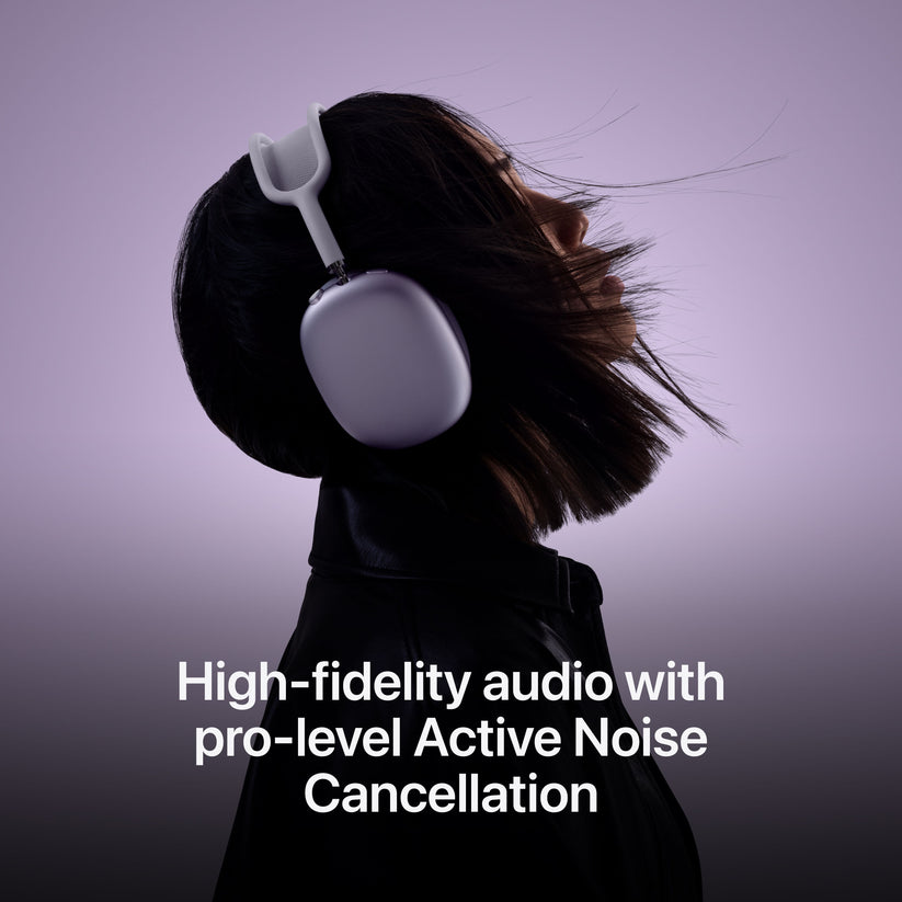 Person wearing AirPods Max highlighting high-fidelity audio and Active Noise Cancellation