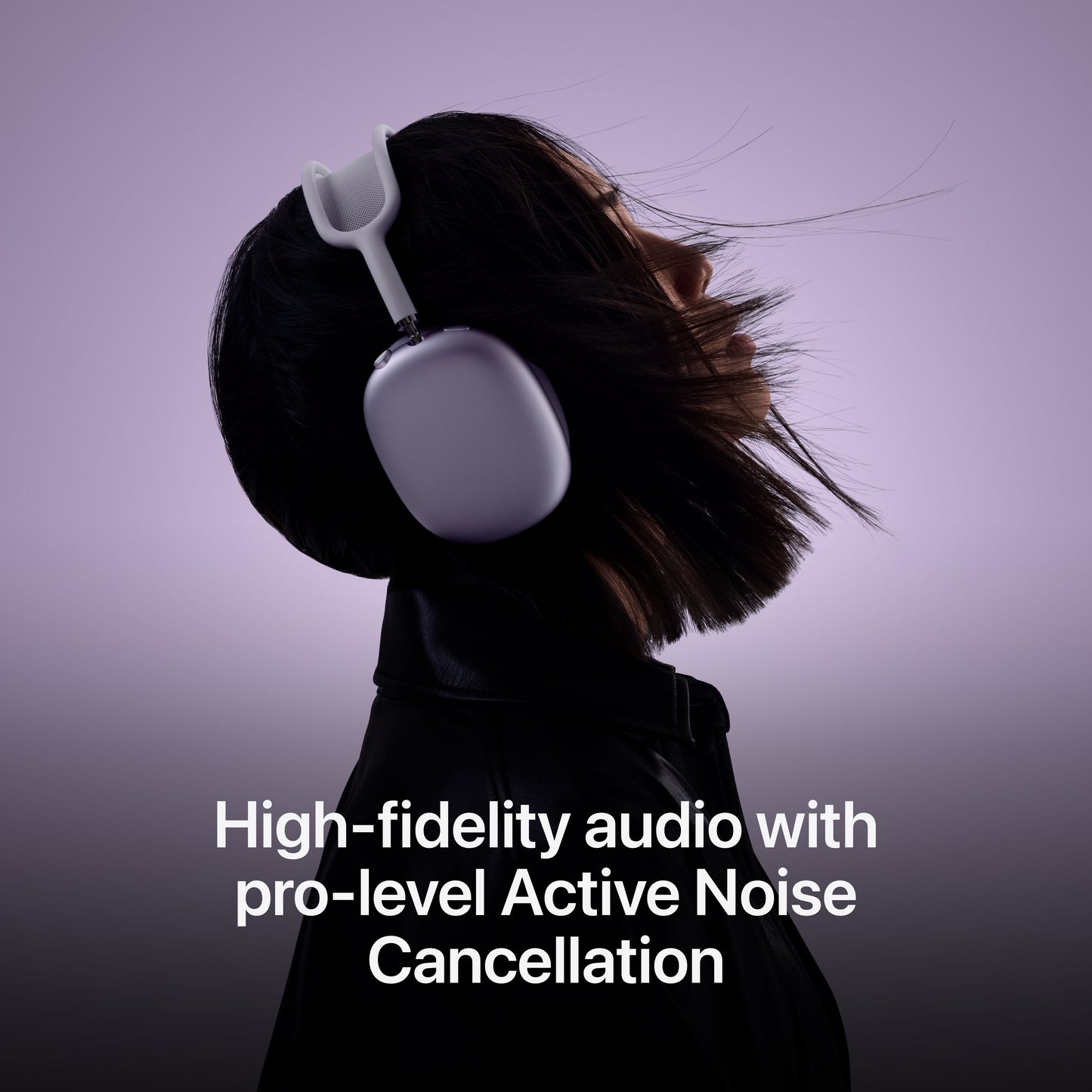 Person wearing AirPods Max highlighting high-fidelity audio and Active Noise Cancellation