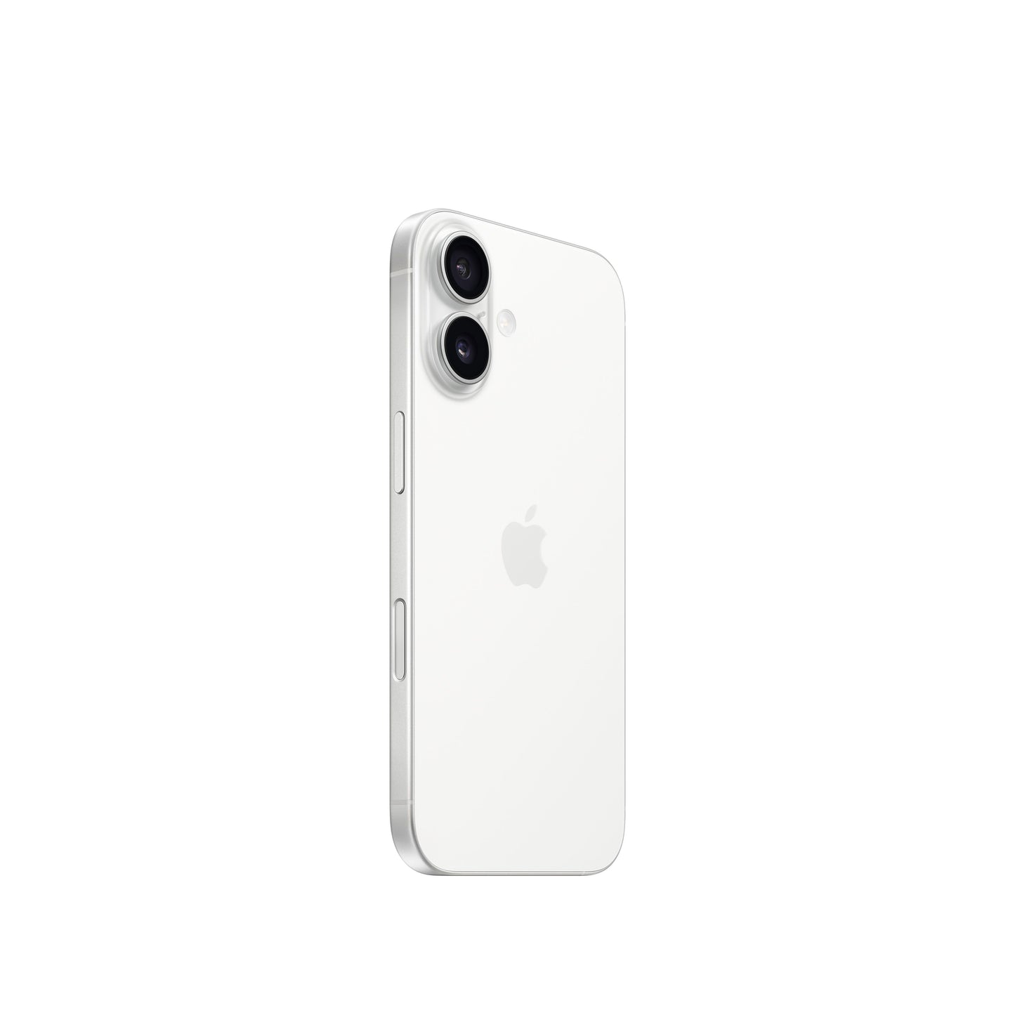 iPhone 16 White rear angled view showing dual-camera system and side buttons