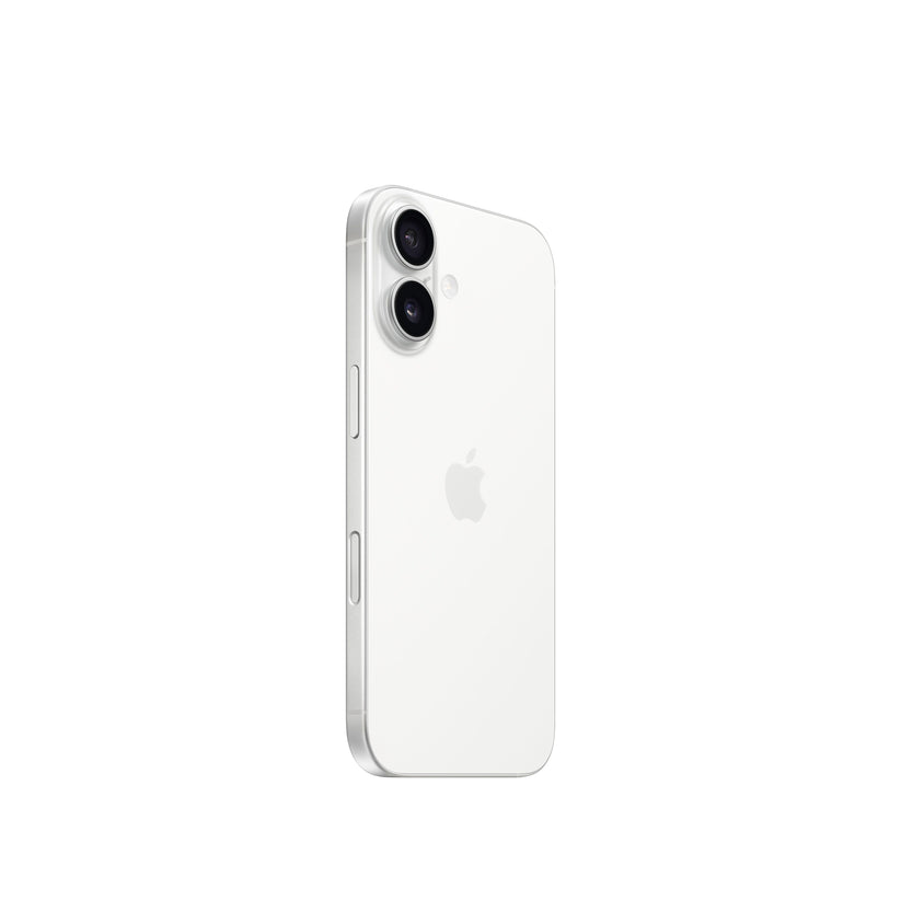 iPhone 16 White rear angled view showing dual-camera system and side buttons