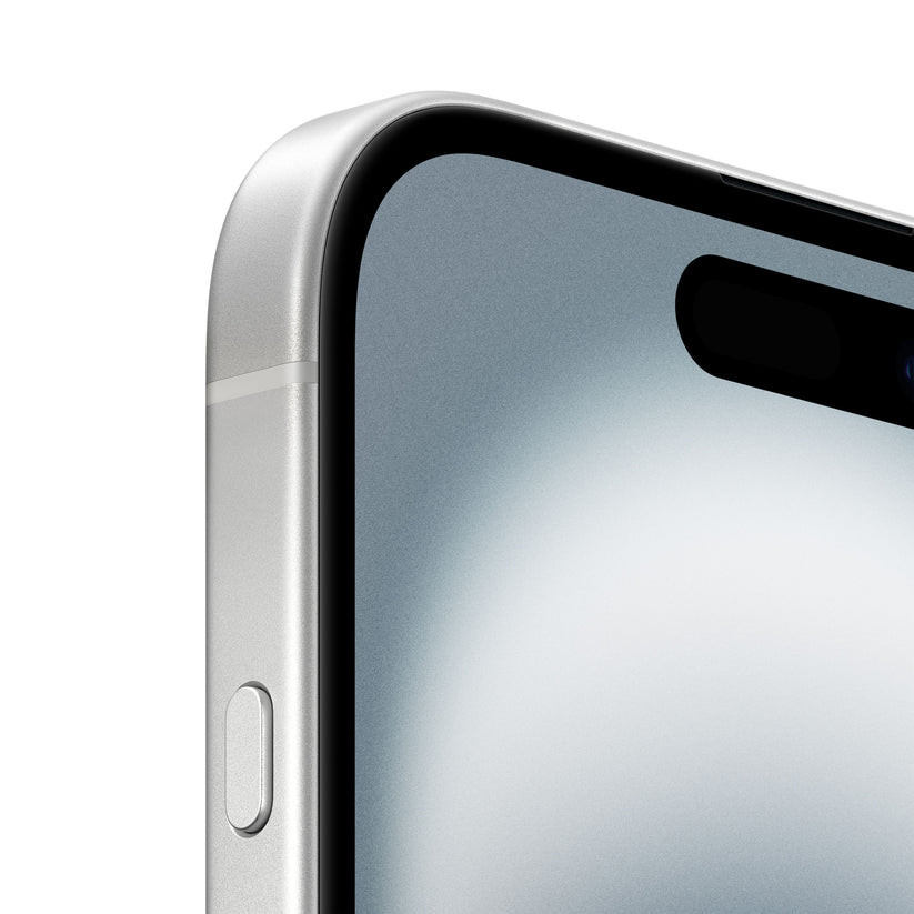 Close-up of iPhone 16 White showing aluminum frame, side button, and Dynamic Island display corner