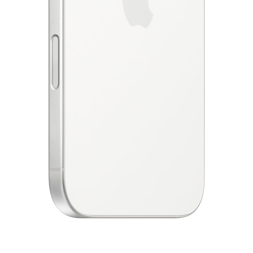 Close-up of iPhone 16 White showing rear glass finish, aluminum frame, and side button detail