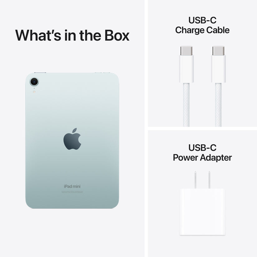 iPad mini in Blue with USB-C charge cable and USB-C power adapter included in box