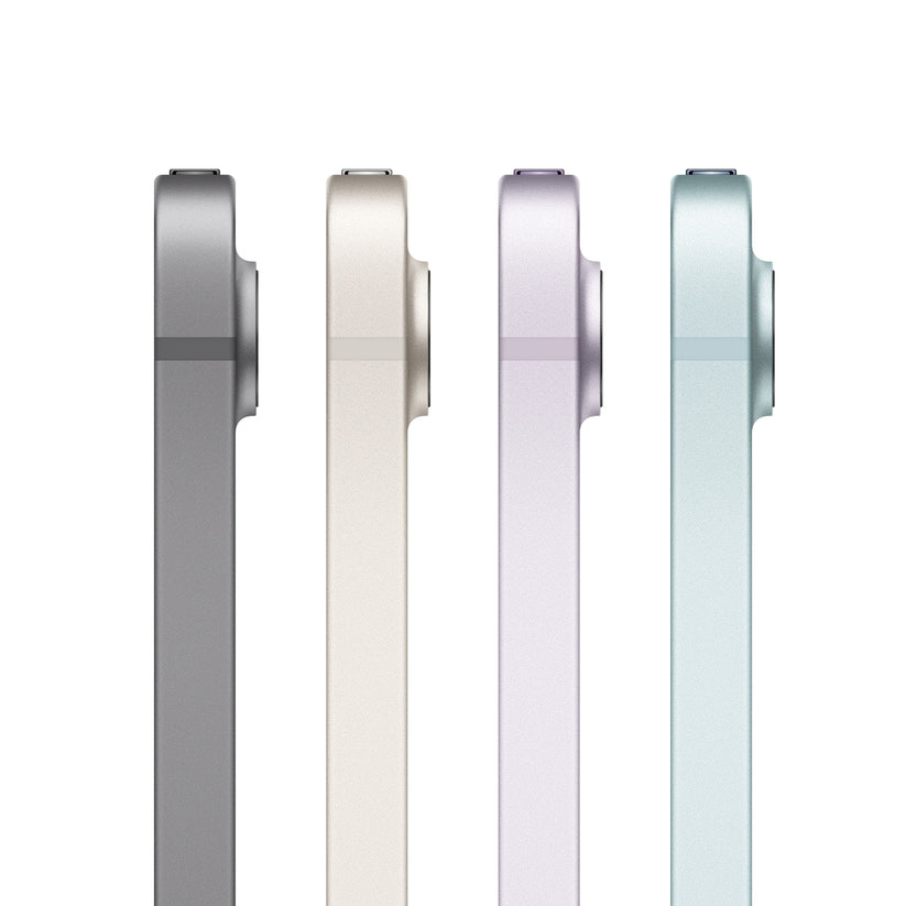 iPad mini side profile in Space Grey, Starlight, Purple, and Blue color options