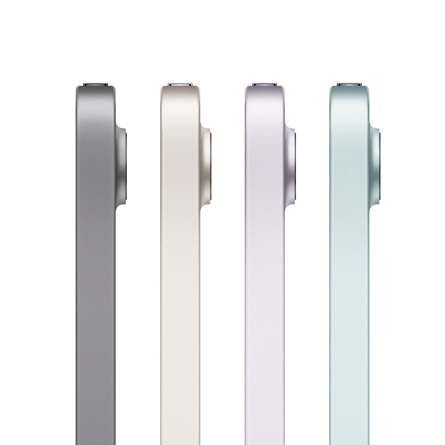 iPad mini side profile in Space Grey, Starlight, Purple, and Blue color options