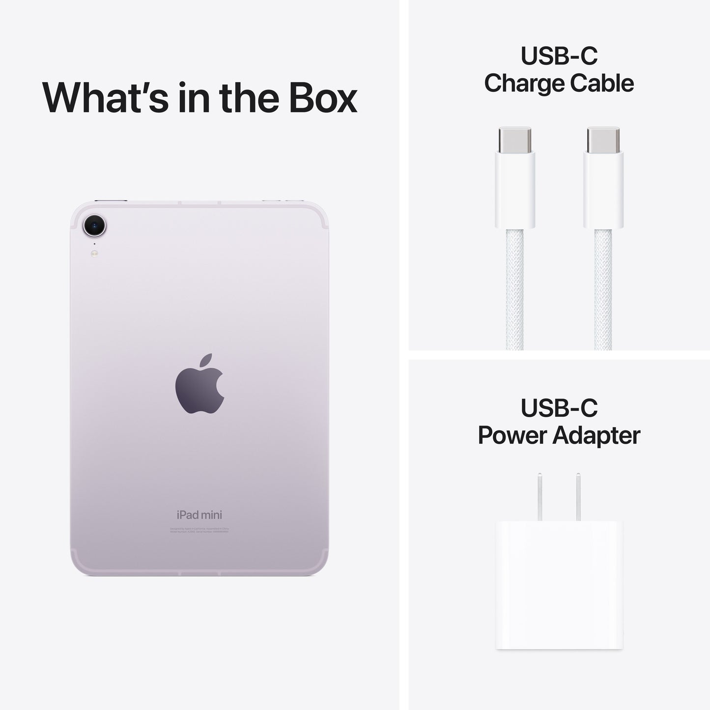 iPad mini in Purple with USB-C charge cable and USB-C power adapter included in box