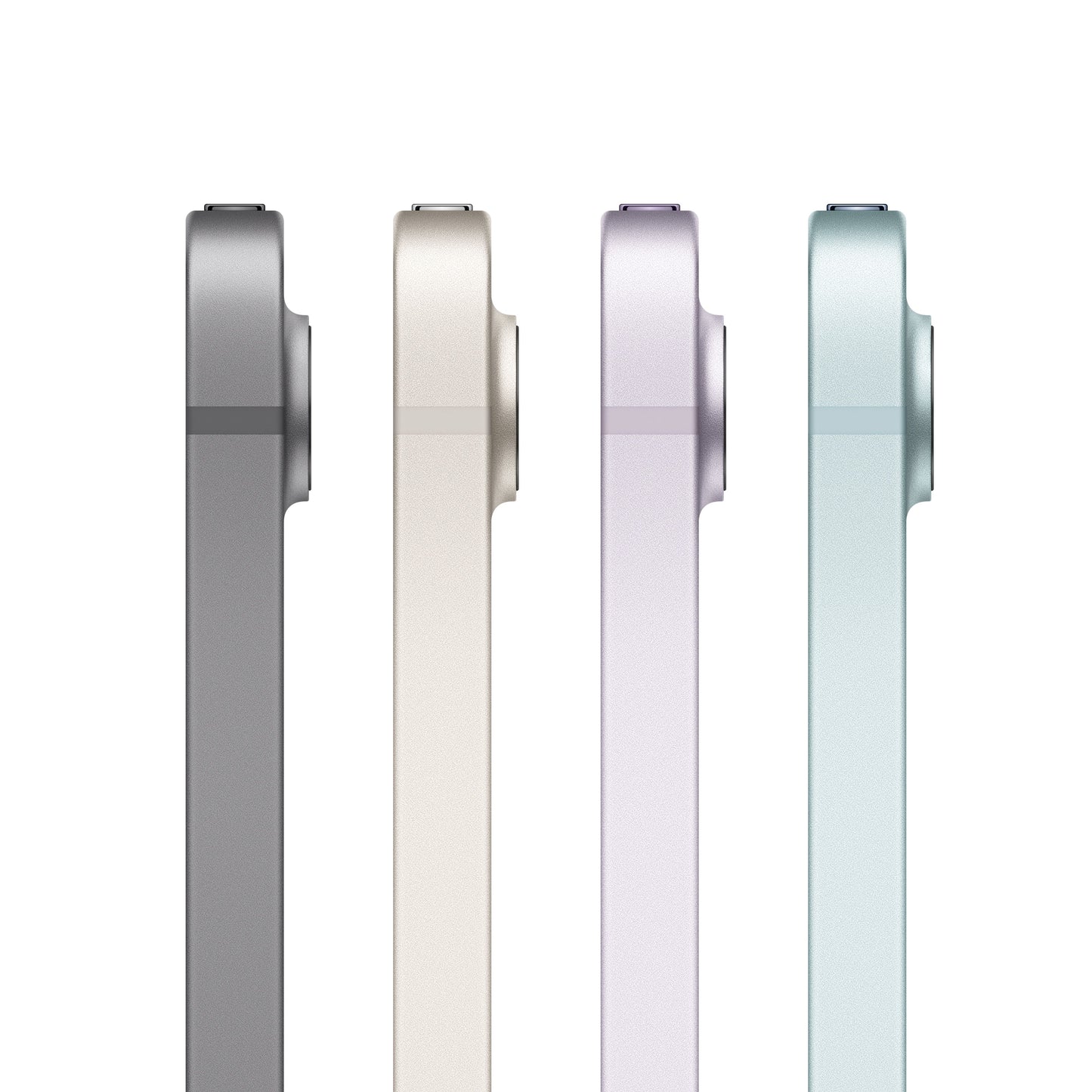 iPad mini side profile in Space Grey, Starlight, Purple, and Blue color options