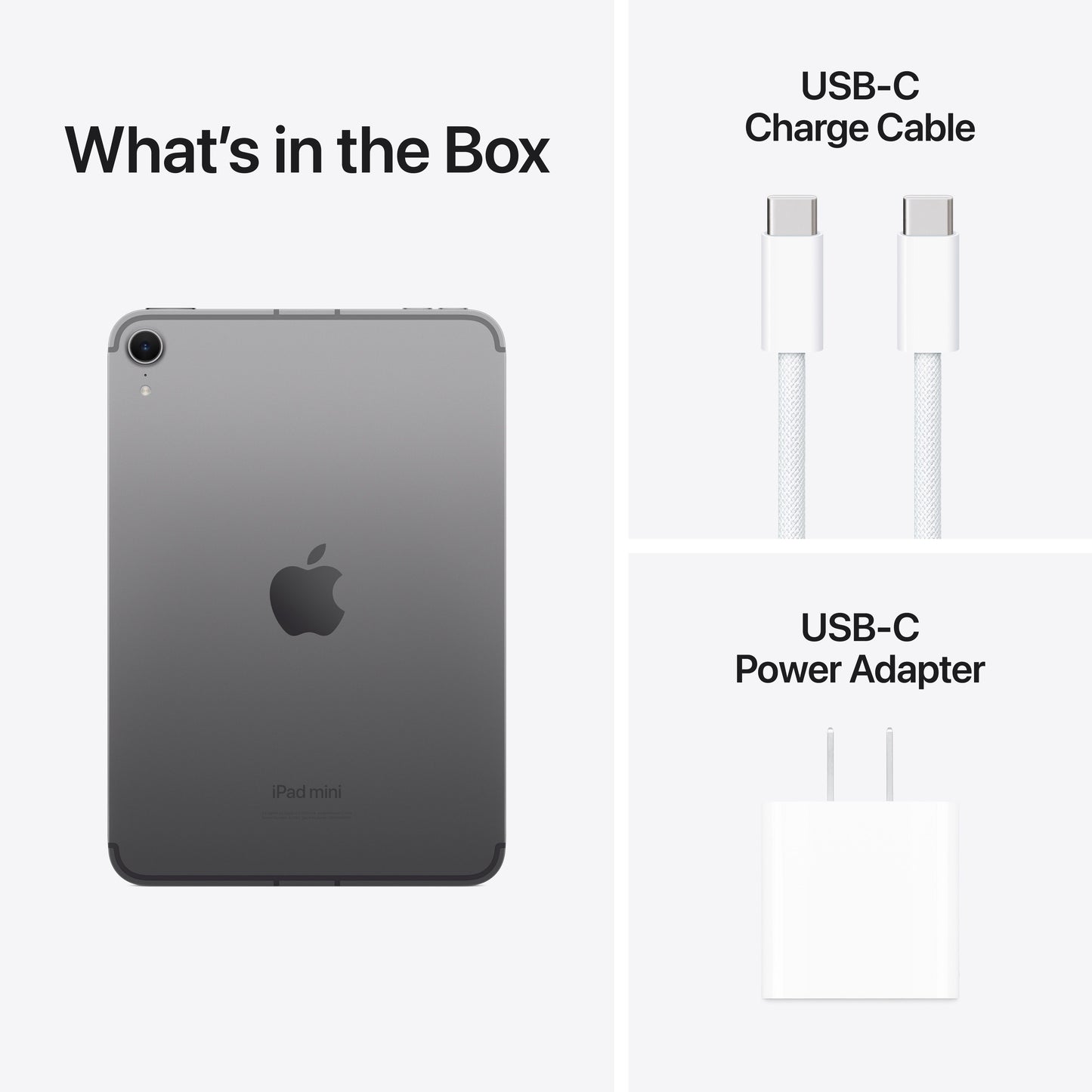 iPad mini in Space Grey with USB-C charge cable and USB-C power adapter included in box
