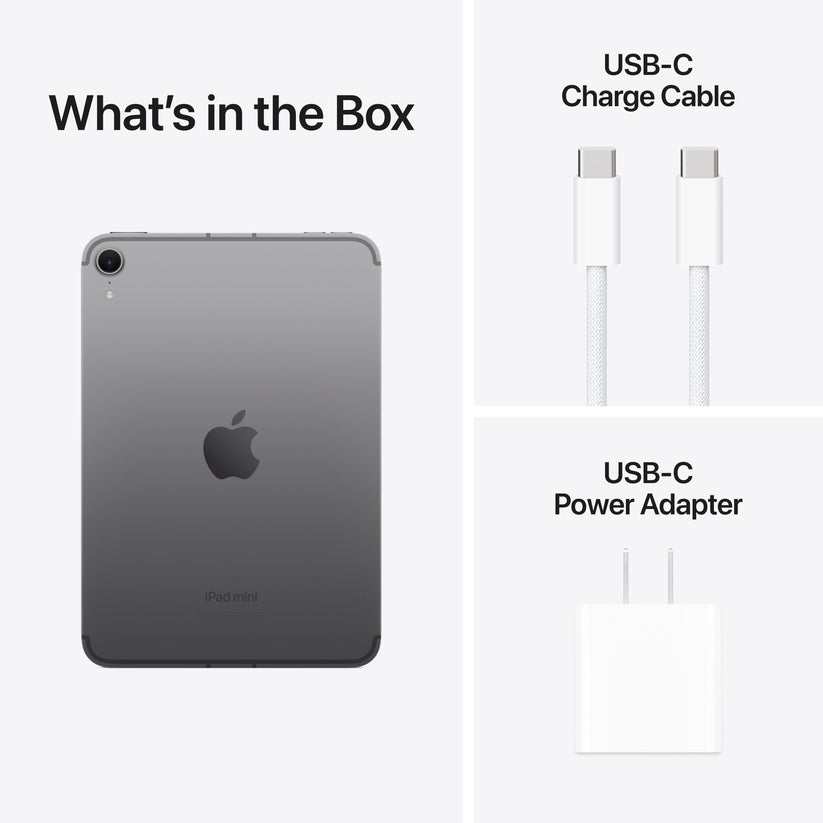 iPad mini in Space Grey with USB-C charge cable and USB-C power adapter included in box