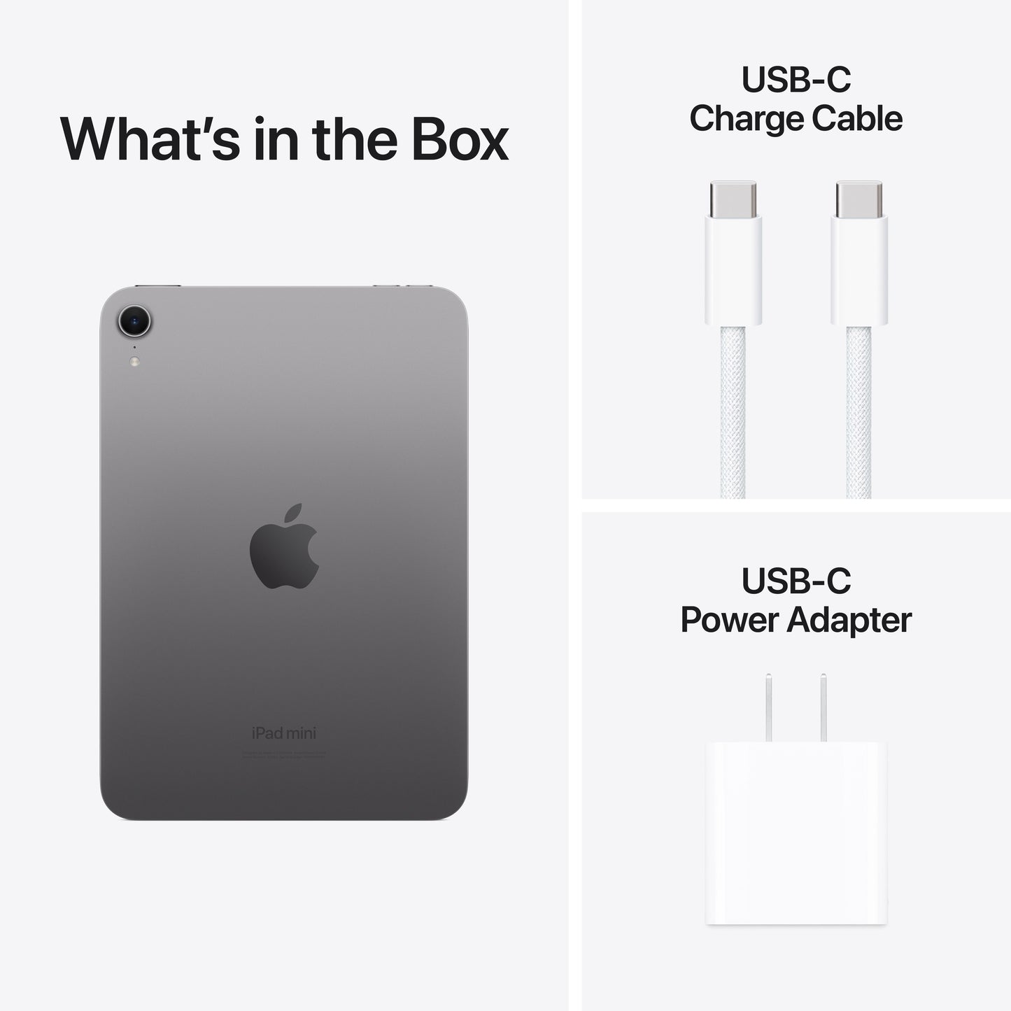 iPad mini in Space Grey with USB-C charge cable and USB-C power adapter included in box