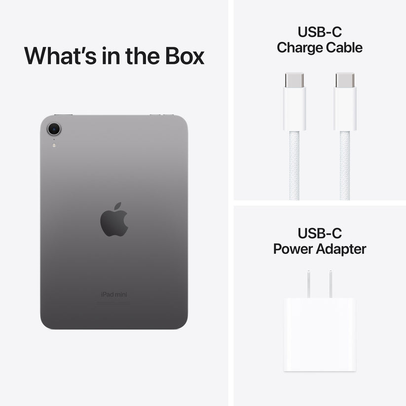 iPad mini in Space Grey with USB-C charge cable and USB-C power adapter included in box