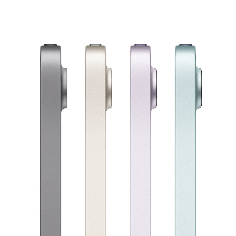 iPad mini side profile in Space Grey, Starlight, Purple, and Blue color options